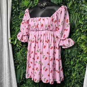 SMAK PARLOUR Dress Large Pink Cherry Babydoll Balloon‎ Sleeve Vintage Style 2627